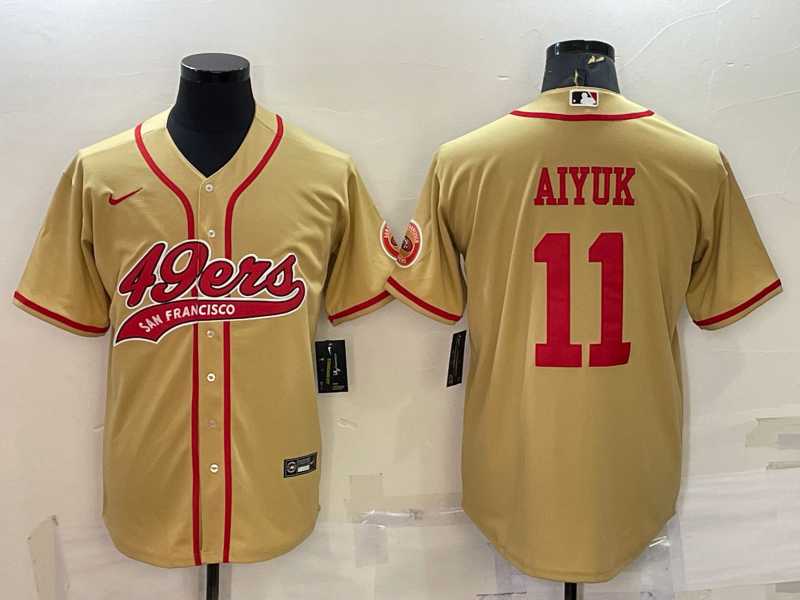 Mens San Francisco 49ers #11 Brandon Aiyuk Gold With Patch Cool Base Stitched Baseball Jersey